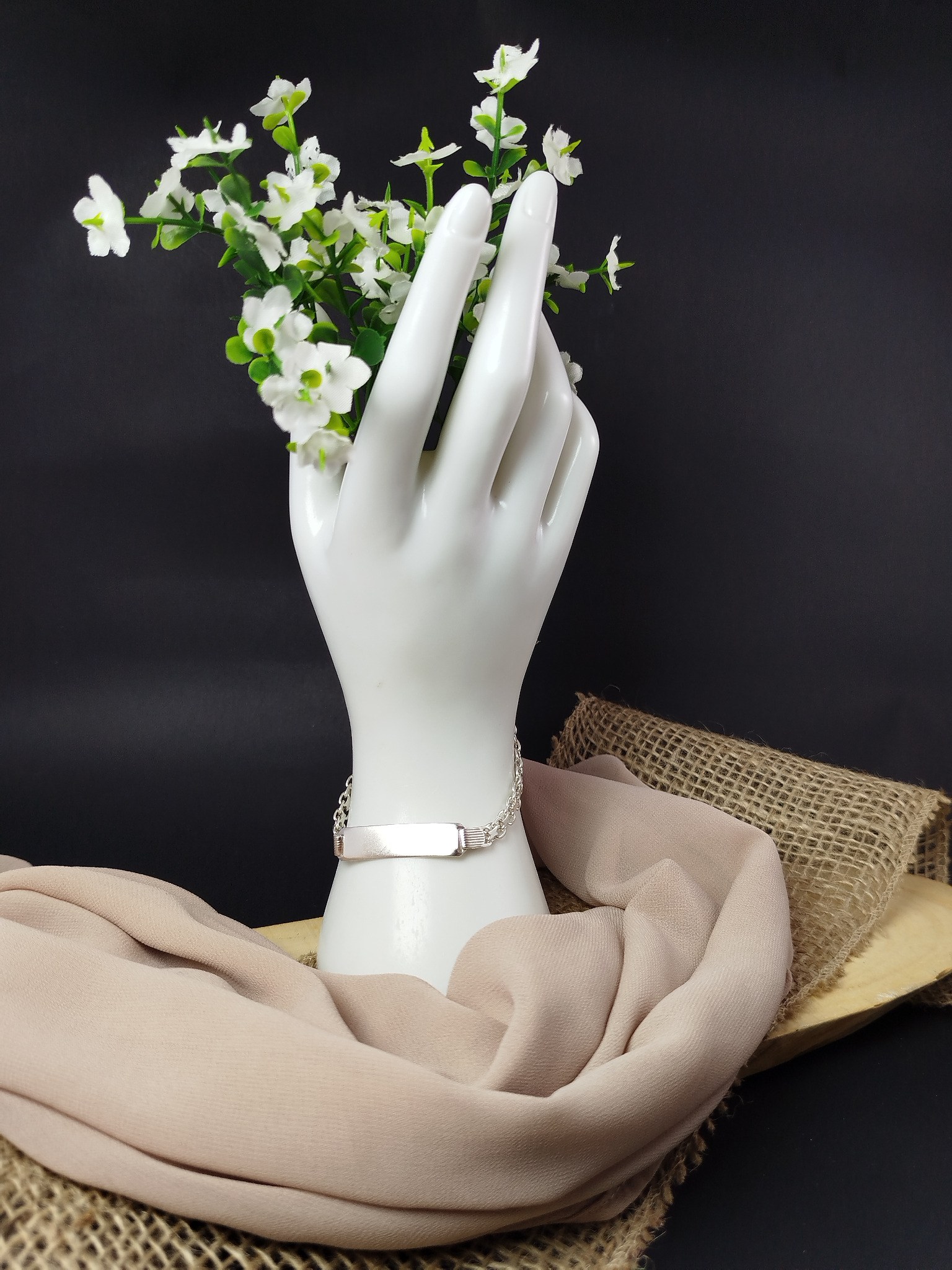 Pulsera de Plata 950 para Caballero con Enlace Tejido de Tres Eslabones y Platina Grabable - Image 4