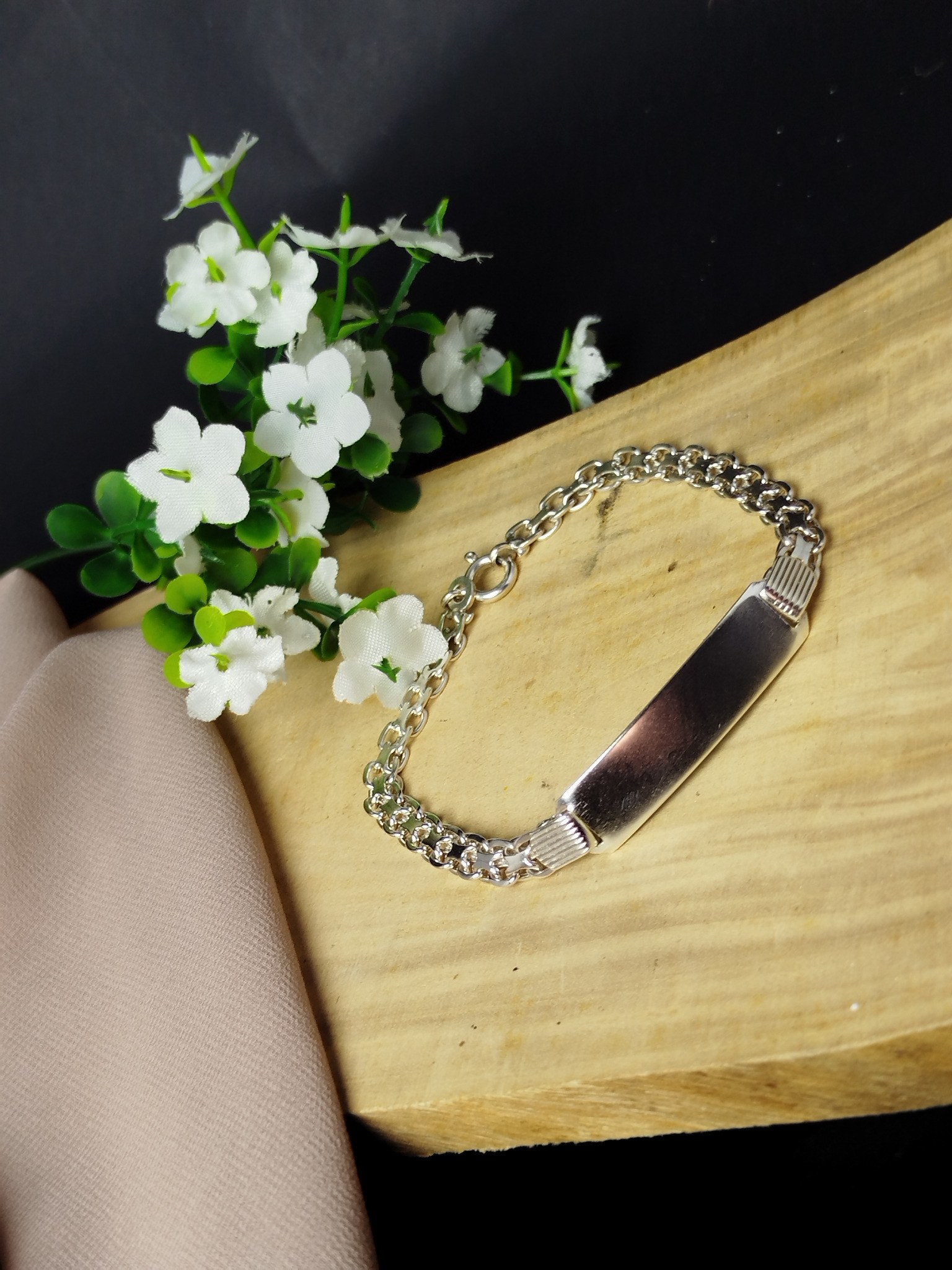 Pulsera de Plata 950 para Caballero con Enlace Tejido de Tres Eslabones y Platina Grabable - Image 3